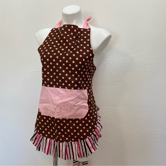 FLIRTY APRONS RETRO LOOK PINK POLKA DOT CANDY STRIPE RUFFLE APRON - Picture 4 of 16